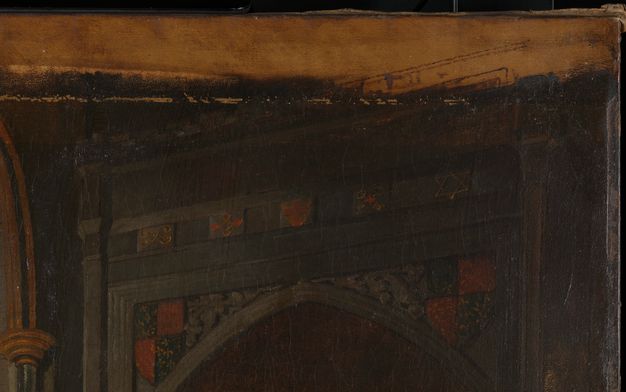 Painting. Detail view of the top edge of a doorway. Black lines continue from the door’s moulding into an unpainted strip across the top of the canvas.