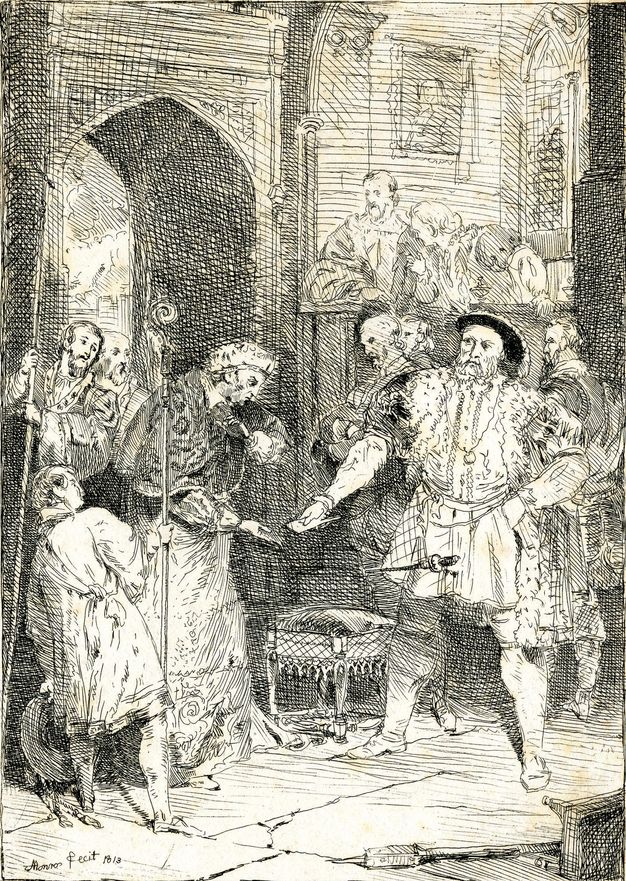 Print. A man wearing red cardinal’s robes, Thomas Wolsey, receives a piece of paper from a man standing with feet widely planted, Henry VII.