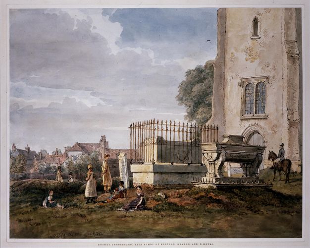 Watercolour. Several children sit and stand among gravestones and memorials in a church graveyard. The stone church rises along the right edge, and the roofs of a town beyond are visible to our left.