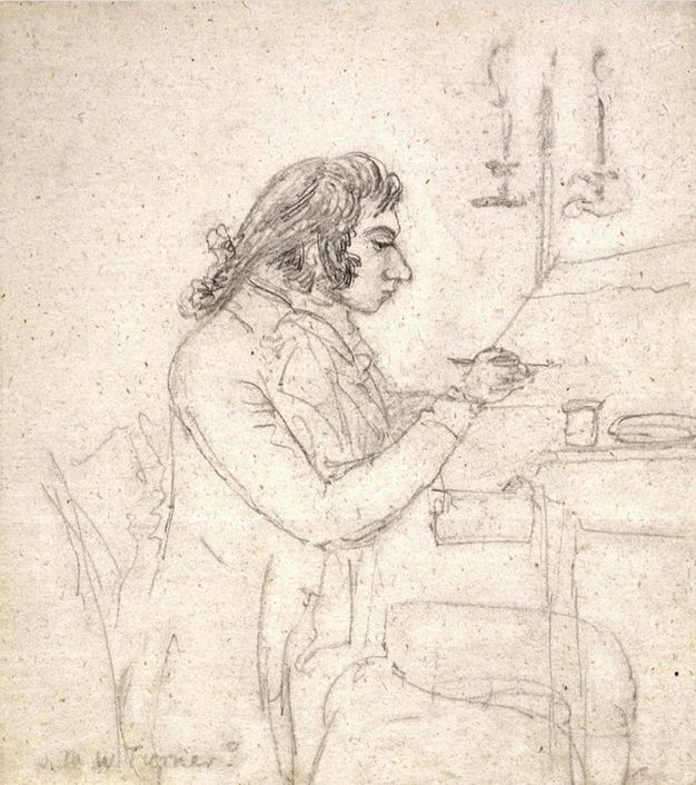 Drawing. A man sits drawing or painting at a desk. His dark hair, mutton chops, and profile are drawn in detail. His clothing, the desk, and a candlestick on the far side of the desk are more loosely sketched in.
