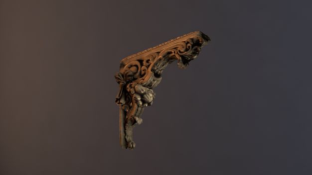 Digital model. The underside of a long bracket is filled curling and eddying scrolls and foliation.
