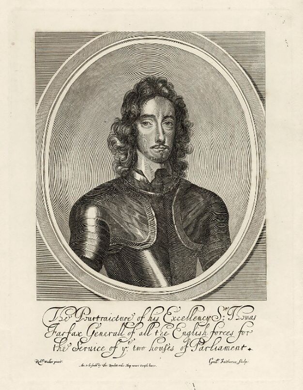 Print. A man wearing armour is shown from the chest up in an oval frame. He has long curly hair, an oval face, and a pointed goatee. Text is inscribed below.