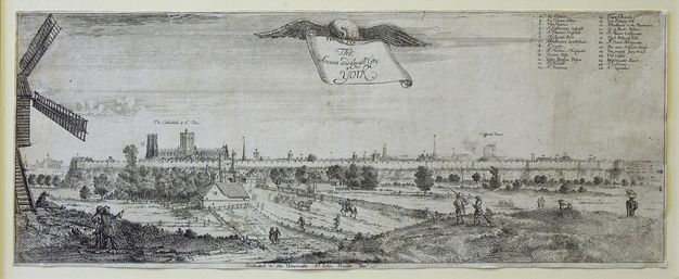 Print. A wide, panoramic view of a city skyline beyond fields and roads. A windmill close to us lines the left edge of the landscape. Locations are numbered and a legend is in the top right.