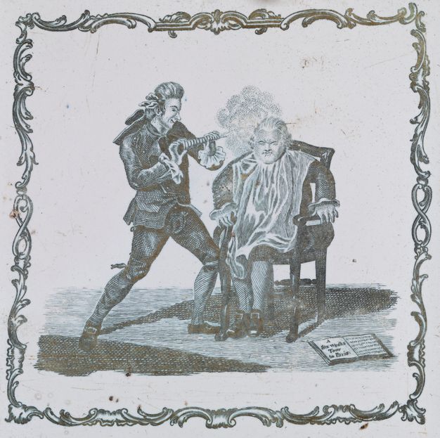 Tile. In grey against a white ceramic background, a chubby man has his hair or wig sprayed by a grinning thin man wearing a suit. The man receiving treatment has his eyes screwed shut, hands braced against the arms of his chair, and his clothing is covered by a sheet. A swirling frame surrounds the scene.