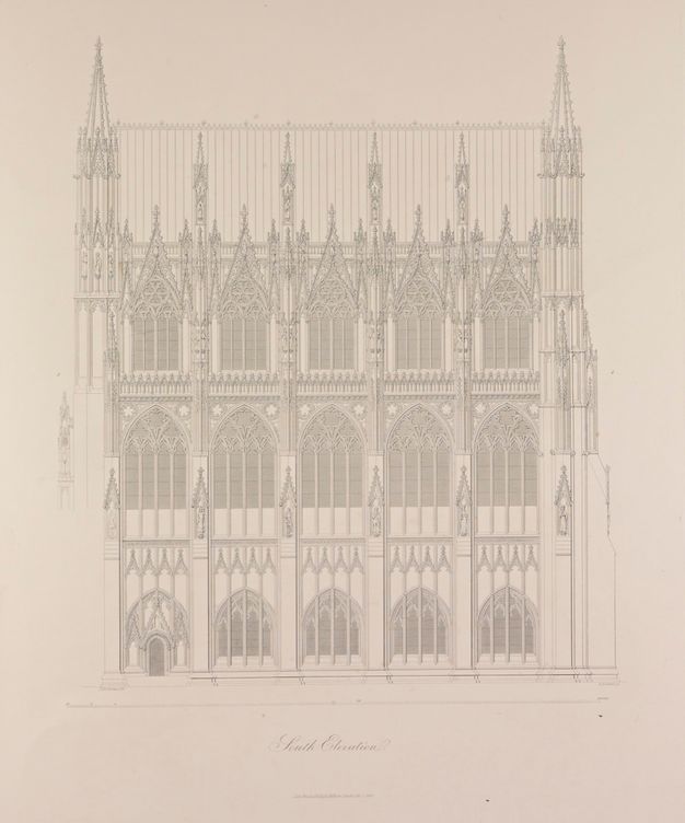 Illustration. The exterior elevation of a chapel is five bays long by three stories high, all encrusted with spires and stained glass that becomes more elaborate on the upper levels.