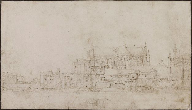 Drawing. Palaces and churches of London’s skyline are outlined in brown ink against a blank sky.