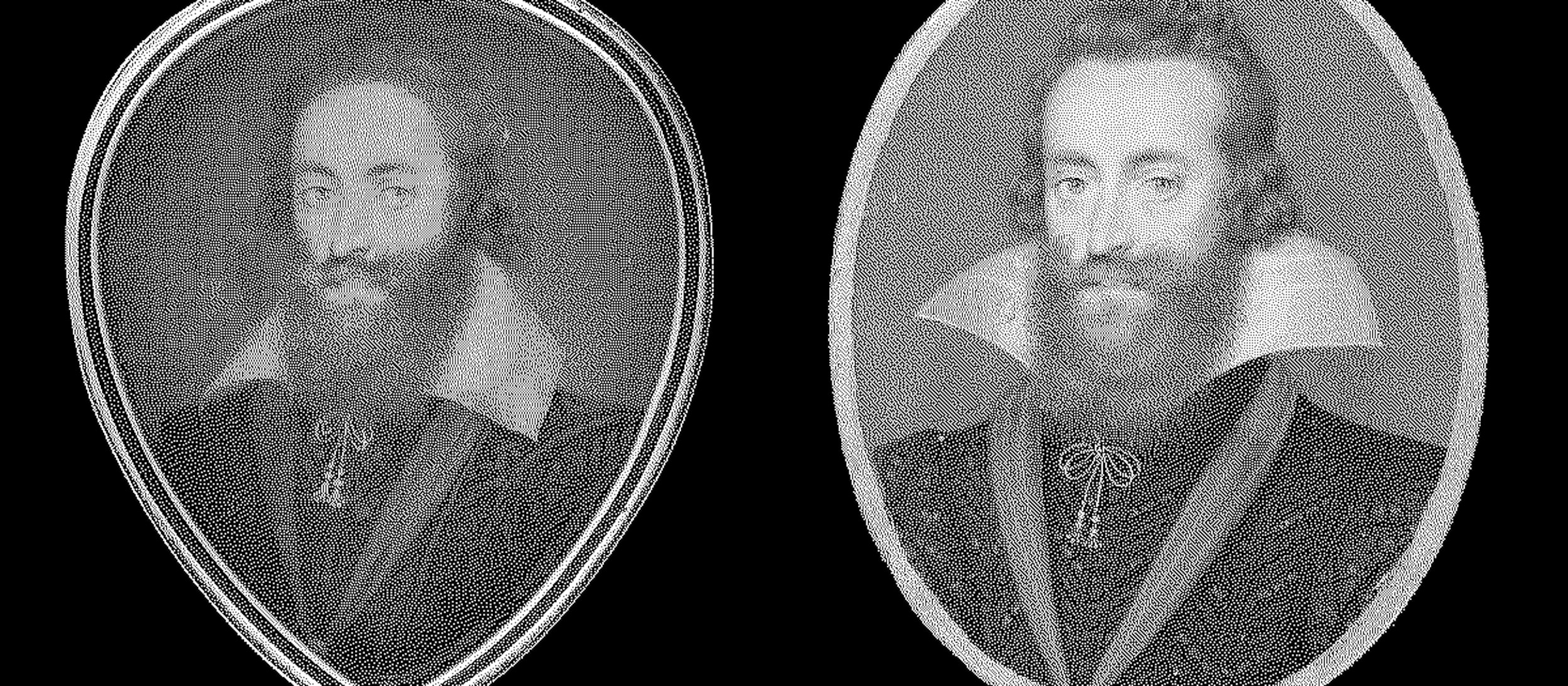 Watercolours. Two portraits show the same man with pale skin, grey eyes, a pointed nose, brown hair, and a full, bushy beard against a vivid blue background. They both wear black jerkins with white collars, though the collar to our left drapes down and other flares up, like flower petals. The portrait on our left tapers at the bottom, like a guitar pick. The portrait on our right is oval.