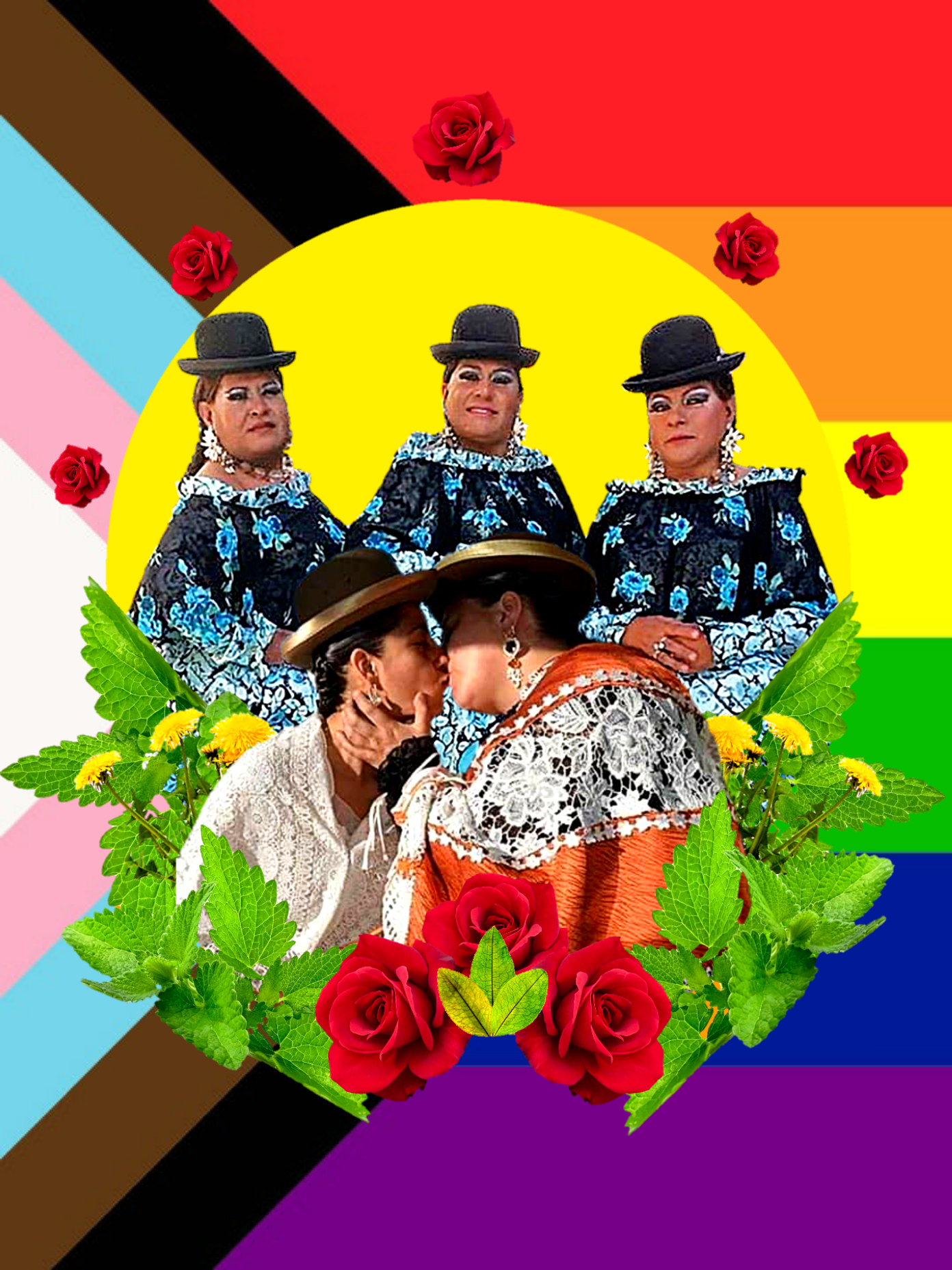 Five medium-skinned people are collaged against a pride flag. Three of the people wear identical clothing with black bowler hats, black and blue dresses, and dangling sparkling earrings. Two people kiss in front of them.