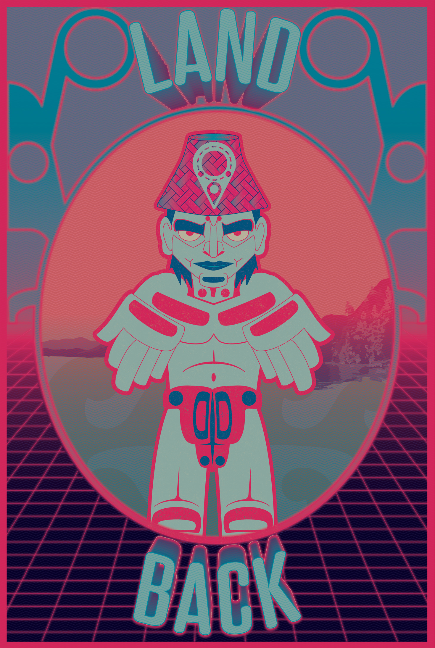 Digital image. A stylized person is outlined in hot pink and has aqua-blue skin and dark blue eyebrows, hair, and lips. He stands facing us, arms extended and palms facing us, fingers down. He is in an oval with a landscape in the background. Around that, a grid moves back into space to meet a circular pattern above.