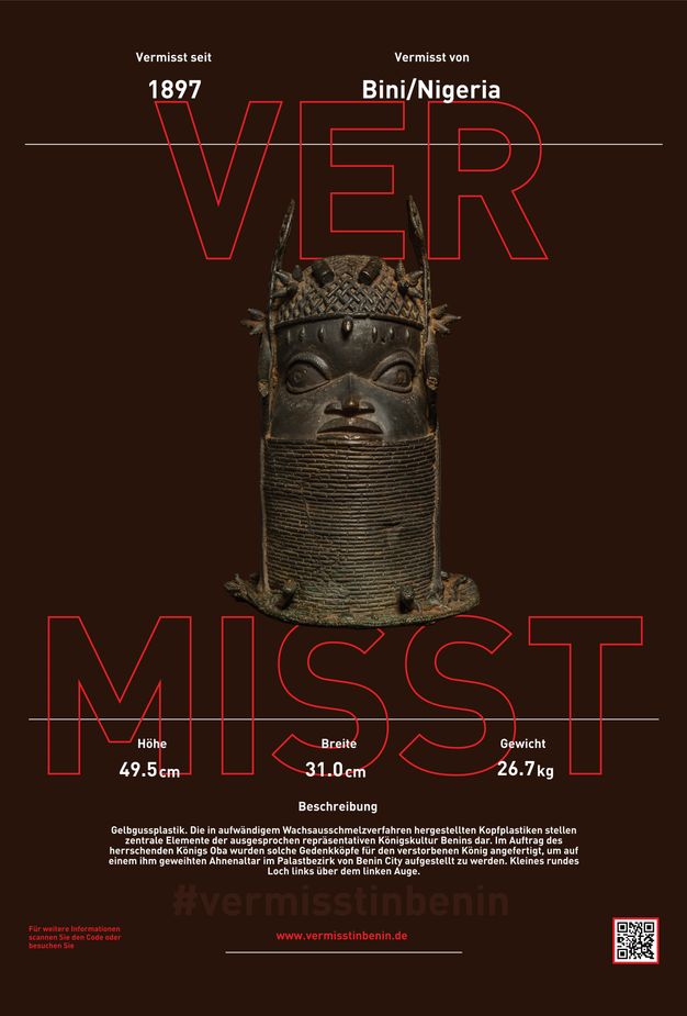 Poster. A bronze sculpture of a head is at the centre with text above and below. The crown of the head is covered with a net. Ornaments hang down the sides of the face and along the forehead. The face has exaggeratedly round cheeks and wide-open eyes. A tall choker comes up to just below the lower lip. The title of the poster is in large letters outlined in red, and the rest of the text is white against a brown background.
