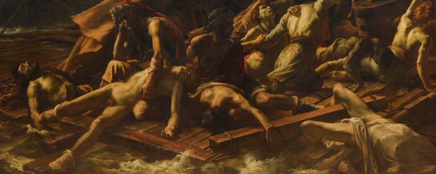 Painting. About a dozen people with pale, tanned, or brown skin twist, lie, or sit on a wooden raft in choppy waters.