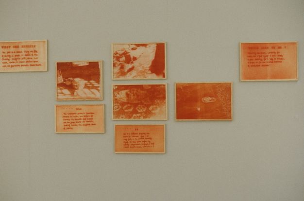 Installation photograph. Eight framed pictures or text, all seeped in tones of orange, are hung in uneven columns. Four photographs show objects on carpeted or wood floors. The other four works are handwritten words. The text is difficult to make out in this image, but the title is legible on the top left frame.