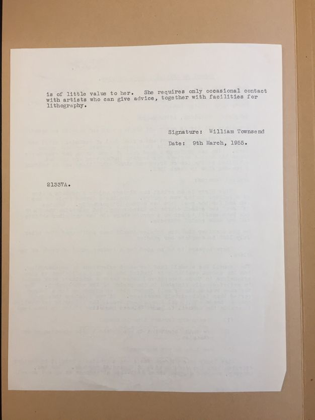 Typewritten report. Second page of a letter concludes, “She requires only occasional contact with artists who can give advice, together with facilities for lithography”. 