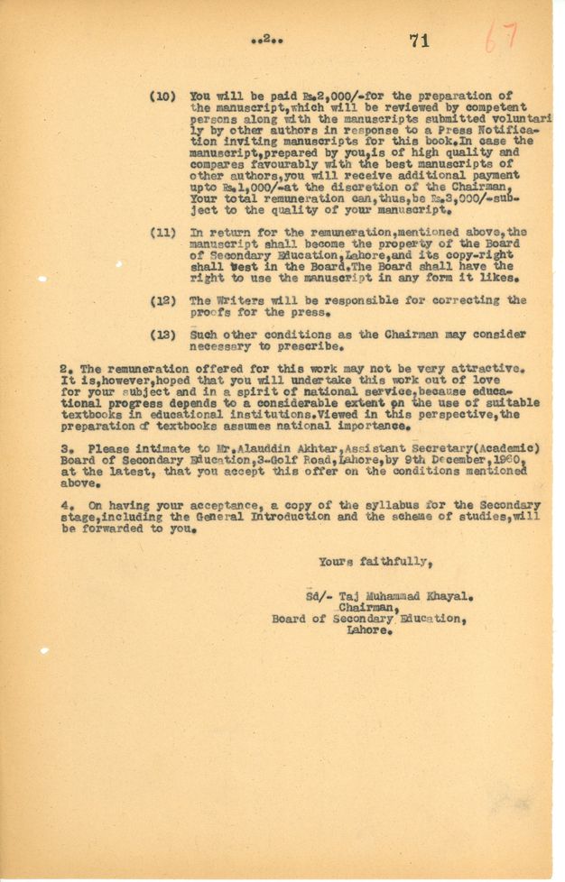 Typewritten letter. Four conditions are outlined for a textbook, including the pay.