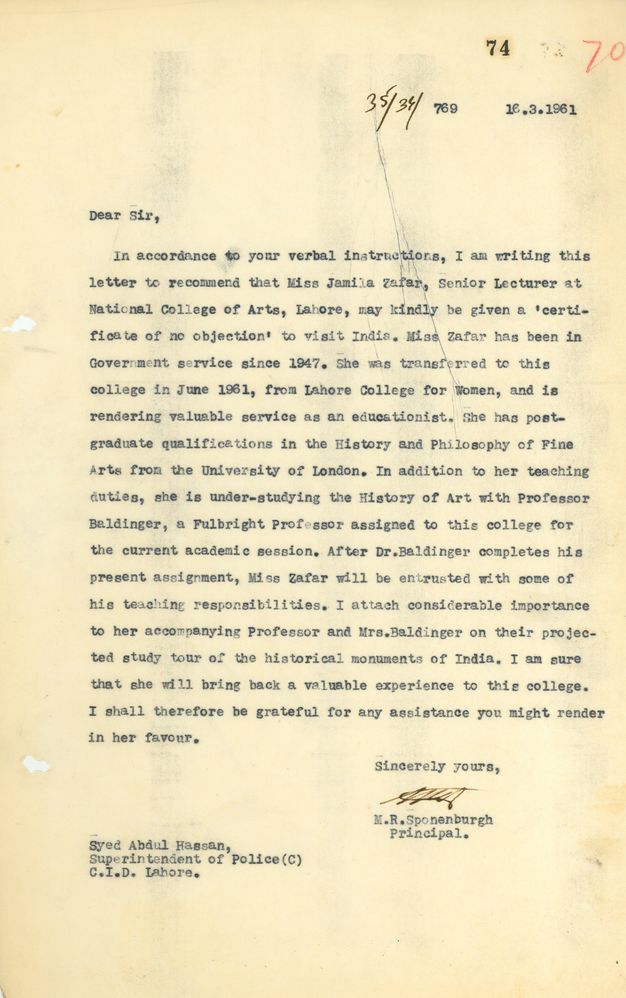 Typewritten letter. Dated and addressed letter requests a “‘certification of no objection’ to visit India”.