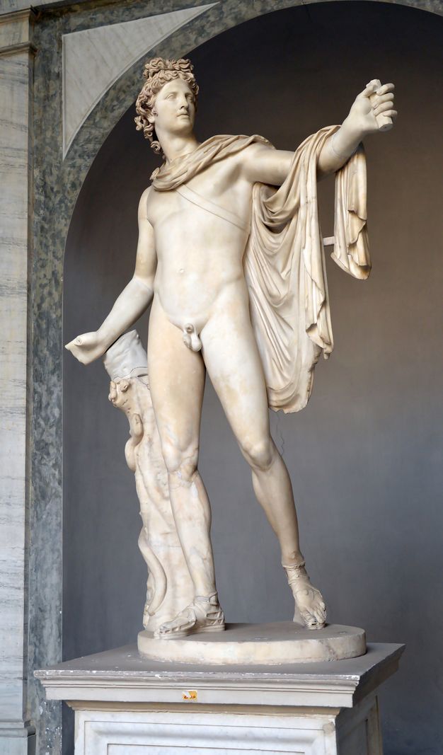Sculpture. This freestanding statue shows a nude man standing with most of his weight on one leg and the other arm raised. A cloak wraps around his neck and drapes over the raised arm. He looks off into the distance over that hand.