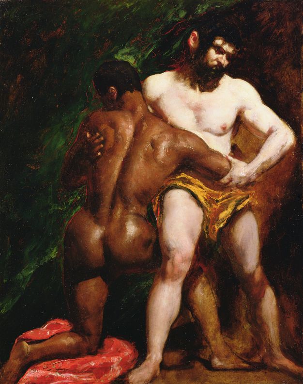 Painting. Two boxers, one Black and one white, stand leaning away from each other, feet widely planted and fists raised. Both are clean shaven, well-muscled, and wear long pants. Other bare-chested men and those in suits look on from a landscape background.