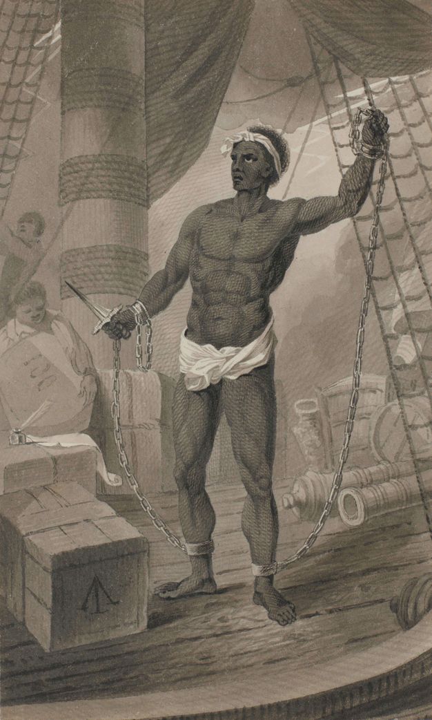 Drawing. A Black man stands holding a dagger in one hand as he grips the rigging of a ship with the other. His arms wrists are chained to his ankles. He wears only a white loincloth and white strip of cloth around his black hair. The pointed blade of the dagger is darkened. Two people work the rigging and move cargo behind him.