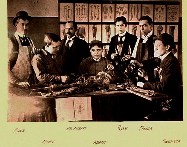 Black and white photograph. Seven men gather around a skeletal cadaver. The arm we can see is stretched along a board. The wall behind the group is hung with diagrams and illustrations. The individuals are labelled in handwriting under the photograph: Burr, Moore, Dr. Ferris, Adams, Ryle, Moser, and Swenson.