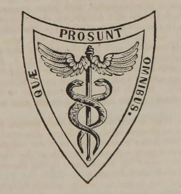Insignia. This printer’s mark shows a caduceus, a winged staff between spiralling snakes, set into a shield. A Latin inscription around the edge reads, “Quae Prosunt Omnibus” (benefit to all).