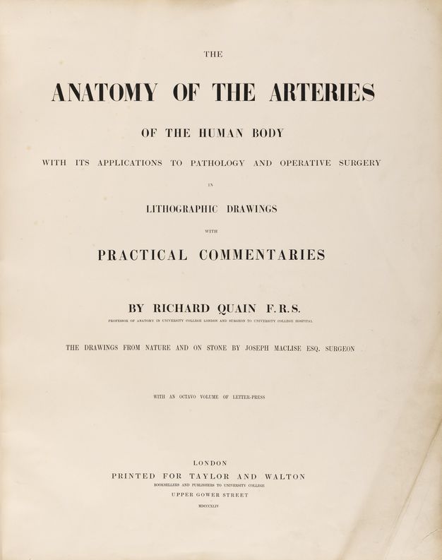 Title page. All the text is uppercase. Some lines are too small to read, but one in larger type reads, “The Drawings from Nature and on Stone by Joseph Maclise Esq. Surgeon”.