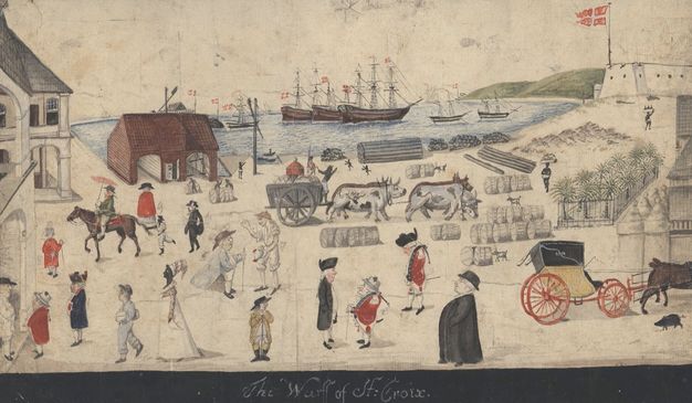 Watercolour. Pale-skinned men, women, and children walk along a seaside wharf. A few people and several children with black-coloured skin walk, play, or work among the group. Boats are anchored in the harbour, over which flies a flag with a white cross on a red field.