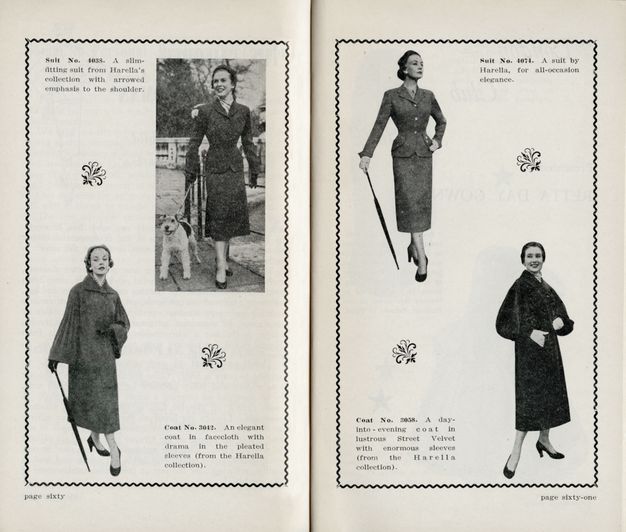 Publication spread. Four pale-skinned women wearing skirt suits are shown in black and white spaced across two pages, and each is accompanied by text. One woman is shown with a dog on a leash, walking on a sidewalk. The other three have been cut from their original contexts.