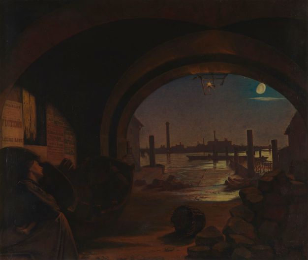 Painting. An arched space opens onto a river reflecting moonlight in a nighttime sky. In the lower left corner, a woman looking out onto the water is tucked, almost hidden, in the shadows. Facing our right in profile, she tips her pale face away.