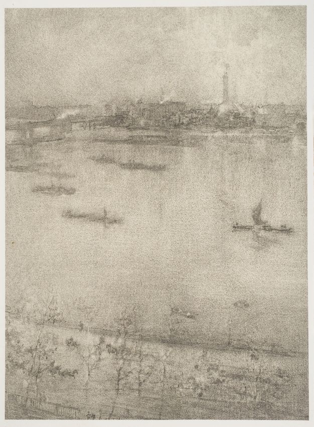 Print. A view of a town on the far side of a river is only slightly darker than the water and sky around it, making this vertical lithotint nearly a single, silvery tone.