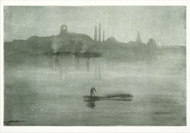 Print. Smokestacks and buildings make a hazy, watercolour-like silhouettes in this blended, silvery lithotint. A person rows or works on a barge close to us.