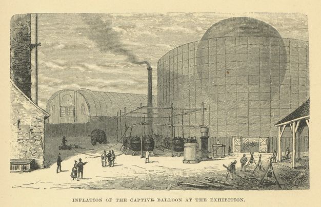 Print. An inflated balloon sits inside a cylindrical, open-roofed structure.