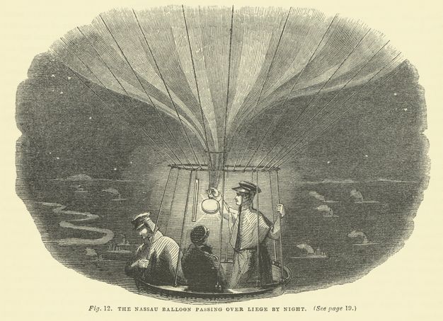 Print. Three men look out onto a dark night from the basket of a balloon in this black and white illustration.