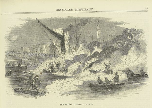 Print. Flames pour across the surface of a river. Men prepare to jump from one row boat caught in the fire. Another boat is being towed by a third, as more boats cluster around and people look on. The bright flames are the white of the paper in this engraving.
