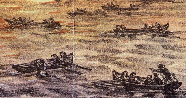 Print. People in several rowboats pull objects from the water, which is lit yellow and orange from flames outside this view.