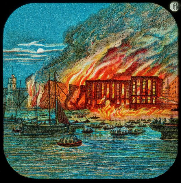 Print. This square lithograph has rounded corners and is brilliantly coloured with red, orange, and yellow behind burning buildings across a stretch of green and blue-streaked water. A bright moon hangs in a dark blue sky at the upper left corner, and smoke fills the upper right quadrant.