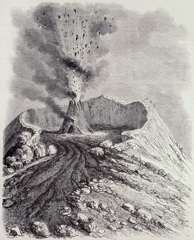 Print. Light explodes from a conical structure in the crater at the top of a volcano. Lava pours down towards us, along the ridge of the mountain in this vertical engraving.