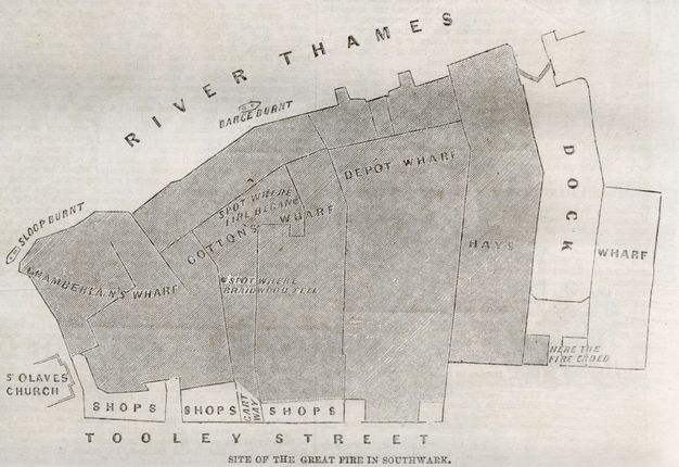 Plan. Hemmed by the “River Thames” above and “Tooley Street” below, several areas are greyed out in this engraving. These include “Chamberlain’s Wharf”, “Cotton’s Wharf”, “Depot Wharf”, and “Hay’s”. The “Spot where fire began” is in Cotton’s Wharf and “Here the fire ended” is on the far side of Hay’s.