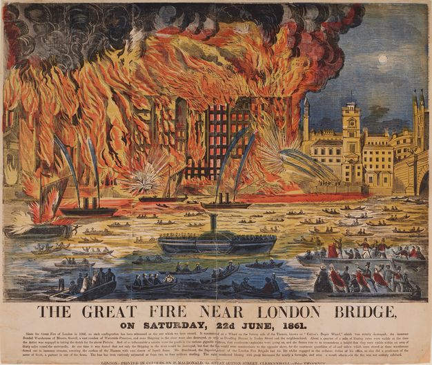 Print. A coloured woodcut is saturated with orange and yellow, which reflect on the river below. The moon hangs in the corner of blue sky at the upper right, and blue is also reflected in the water along the bottom edge of the composition. The title and a long caption are below.