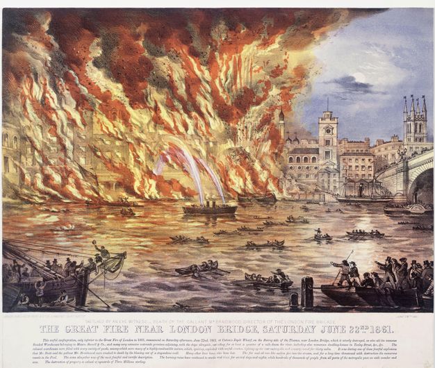 Print. The top left quadrant of this coloured lithograph is filled with tongues of yellow and orange flame consuming a block of buildings. Onlookers crowd boats in front of us and line a bridge to our right. The moon hangs in a patch of periwinkle-blue sky in the upper right corner. Text and a long caption are below.