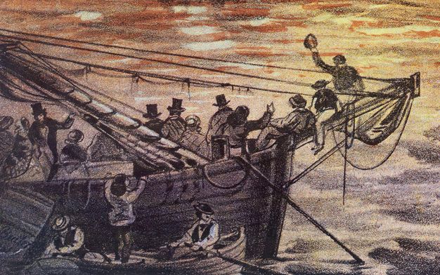 Print. Detail view of a boat in a river reflecting yellow and orange flames. People lining the far side of the deck mostly wear top hats or bonnets. A person starts to climb from a rowboat that has pulled up alongside the larger ship.