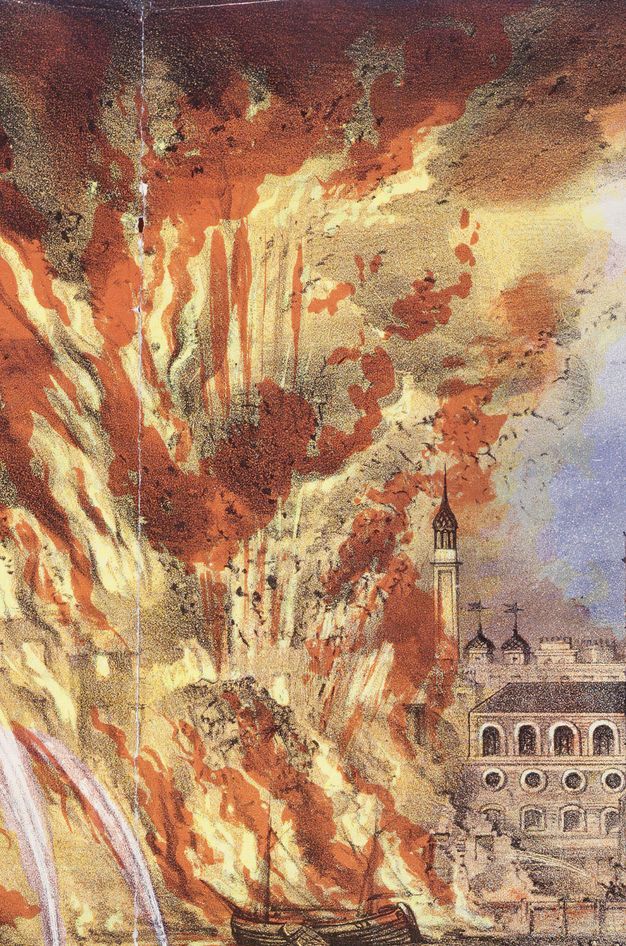 Print. Detail view of flames licking up from the surface of the river, a boat there, and a building at its edge. A burst of straight lines suggests that part of the building has just collapsed. People manning a firehose on the far side of the river are minuscule in scale against the towering fire.