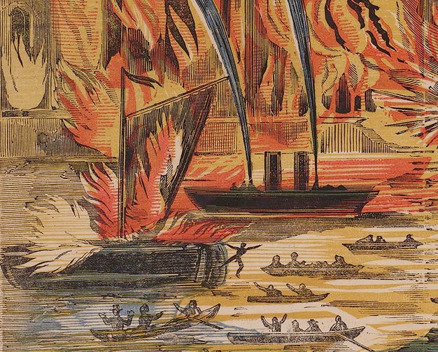 Print. Detail view of a boat on fire, red flames engulfing the sail. A black-silhouetted person jumps from the ship. To people in a rowboat nearby reach for him.