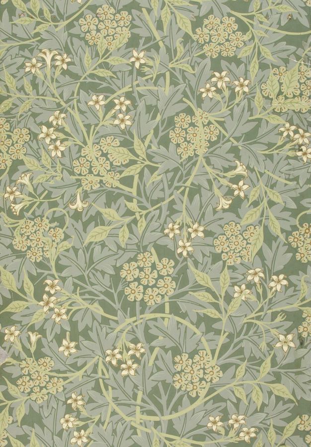 Printed paper. Frosty mint-green flowers, stems, and leaves curl among slate-blue leaves and cream-white flowers, all against a moss-green background.