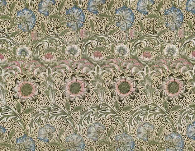 Textile. Rows of blue, white, or pink and black flowers are separated by swirling olive-green leaves. Tiny vines and leaves fill in the spaces between the larger specimens. The pattern is against a cream-white background.