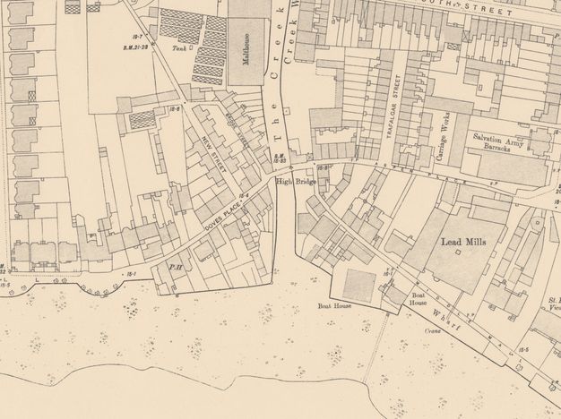 Map. A building is highlighted in blue at the edge of a residential area off of Doves Place.