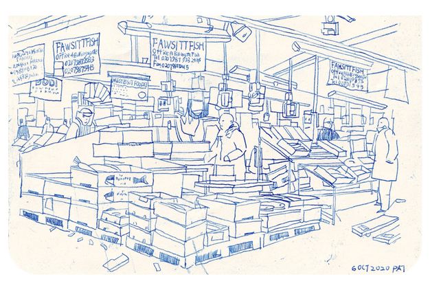 Drawing. Blue outlines capture people moving among piles of boxes containing fish. Signs above have the store’s name, address, telephone, and fax numbers.