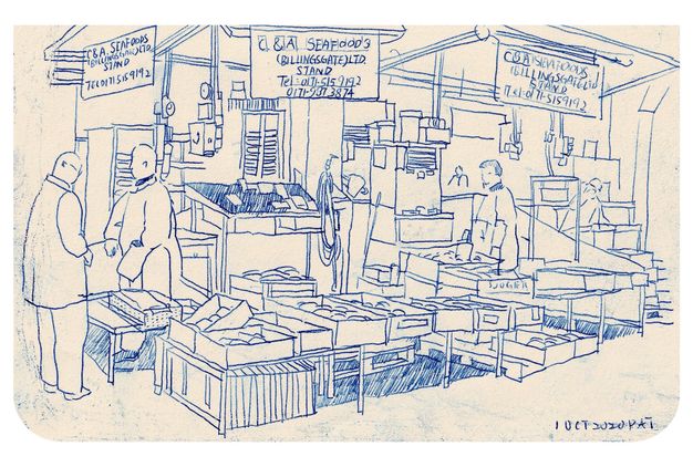 Drawing. Blue outlines capture people moving among displays of boxes. Signs above have the store’s name, address, and telephone number.
