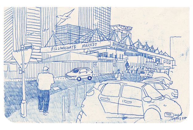 Drawing. Blue outlines capture the awning of a market. Cars are parked to our right and people walk towards the entrance, which stretches into the distance in front of high-rise buildings to our left.