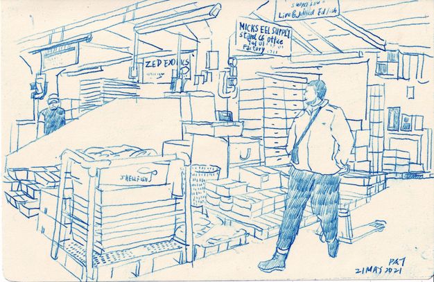 Drawing. Blue outlines show piles of boxes, one labelled “Shellfish”. A man walks by close to us, and another stands behind the wall of a neighbouring stall. The shop’s name is on a sign above, along with the address.