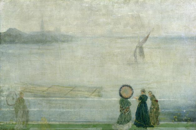 Painting. Blended tones of pale aqua and fern green create a hazy river view. Women in long gowns, one with a parasol, stand at a wall at the bottom edge of the canvas.